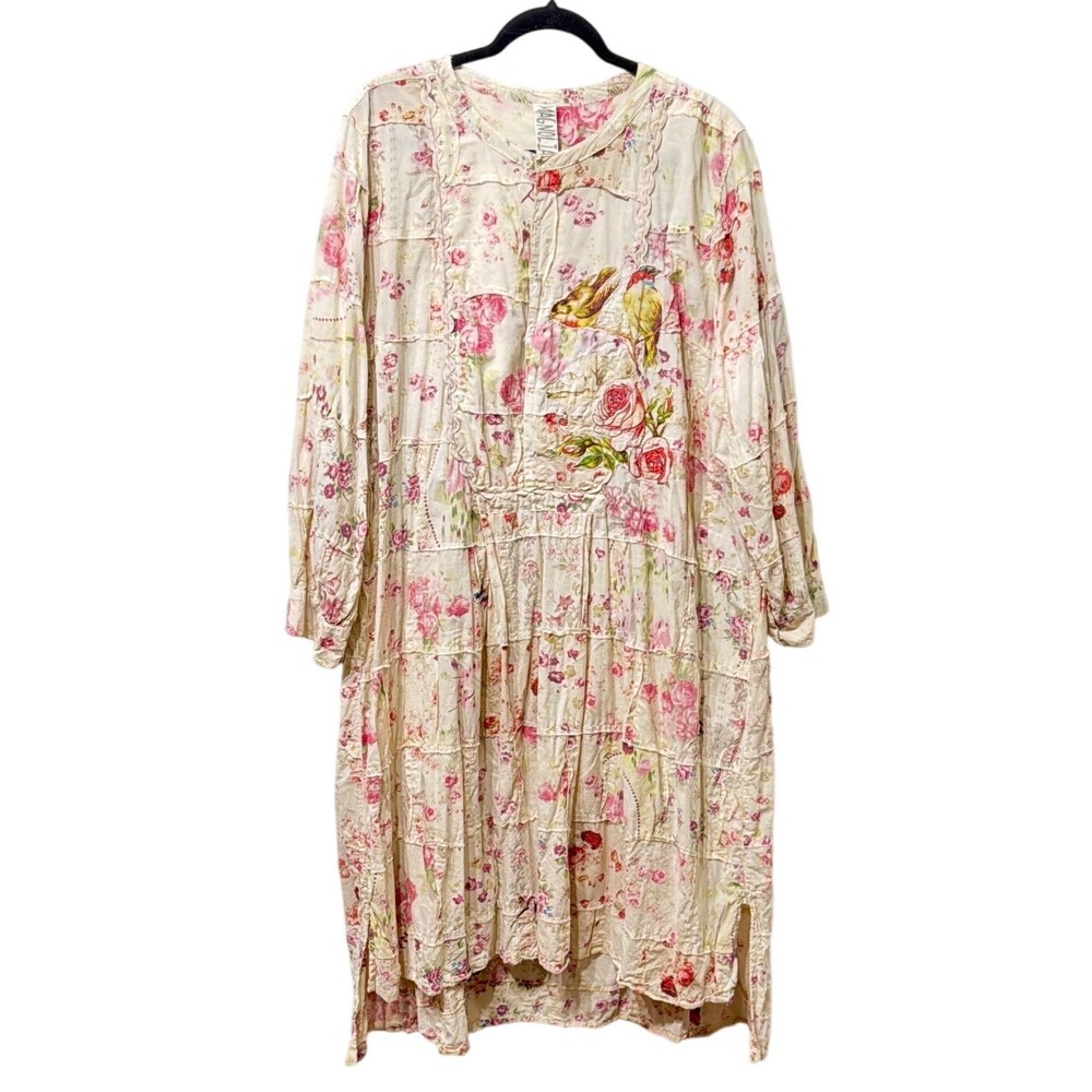 Magnolia Pearl Floral Bird Patchwork Cotton Dress Snap Button High Low Boho OSFM